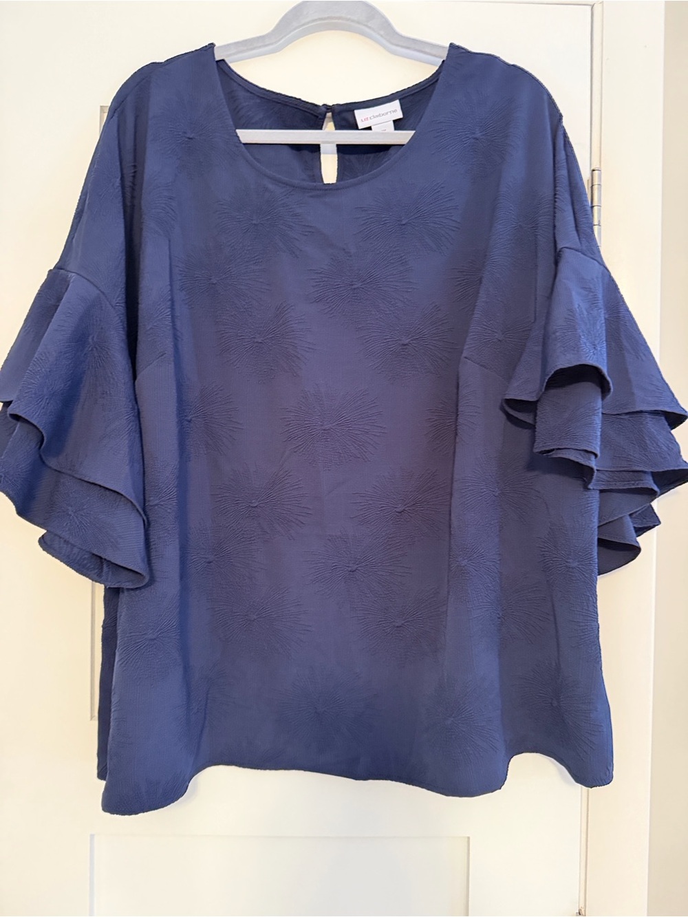 Liz Claiborne Navy Blue Textured Ruffle-Sleeve Blouse